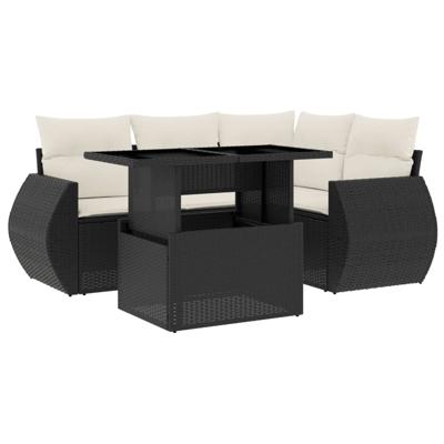 5-delige Loungeset met kussens poly rattan zwart