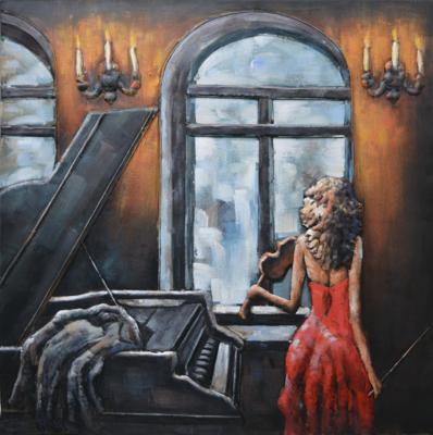 Schilderij - Metaalschilderij - Viool en Piano, 3D uitvoering, 100x100cm, handgeschilderd, ophanghaakjes meegeleverd