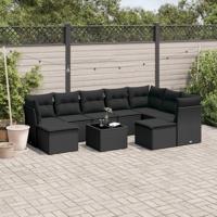 9-delige Loungeset met kussens poly rattan zwart - thumbnail
