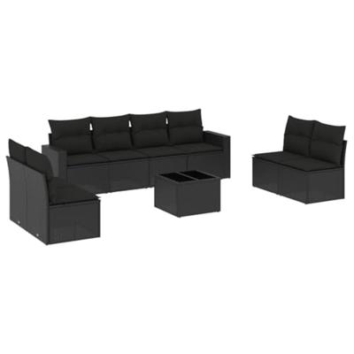 9-delige Loungeset met kussens poly rattan zwart