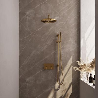 Brauer Gold Carving Thermostatische Regendoucheset Inbouw - Hoofddouche 30 cm - Gebogen Wandarm - Met Drukknoppen - Handdouche Staaf - Doucheslang - Geintegreerde Glijstang - Geborsteld Goud
