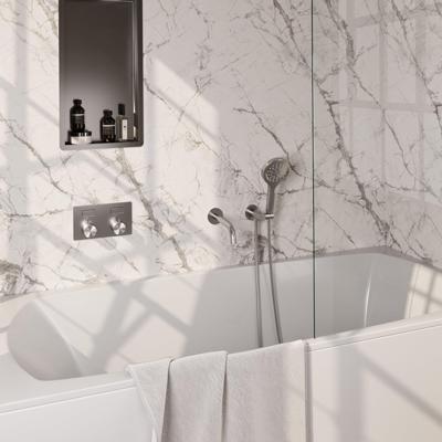 Brauer Brushed Carving Thermostatische Inbouw Badkraan Drukknoppen - Uitloop - 3 stand - Doucheslang - Wandaansluitbocht - Handdouche - Rvs Geborsteld Pvd