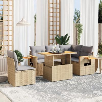 6-delige Loungeset met kussens poly rattan beige