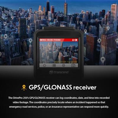 Transcend DrivePro™ 250 Dashcam met GPS Kijkhoek horizontaal (max.): 140 ° 12 V, 24 V GPS met radarherkenning, Time-lapse, G-sensor, WDR, Botswaarschuwing, Transcend DrivePro™ 250 Dashcam met GPS Kijkhoek horizontaal (max.): 140 ° 12 V, 24 V GPS met radarherkenning, Time-lapse, G-sensor, WDR, Botswaarschuwing,