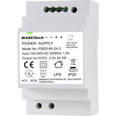 Basetech BT-2250321 DIN-rail netvoeding 24 V 2.5 A 60 W Aantal uitgangen:2 x Inhoud 1 stuk(s)
