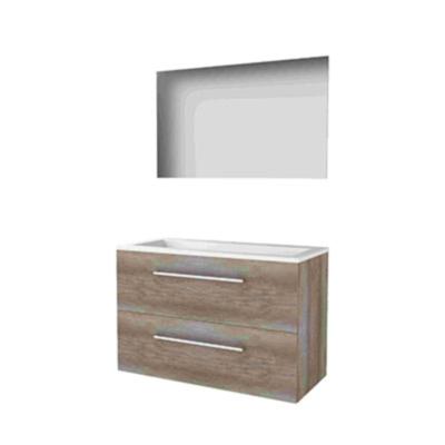 Basic-Line Ultimate 46 Badkamermeubelset - 100 x 46 cm - Met Grepen - 2 Lades - Acryl Wastafel - Zonder Kraangat - Spiegel met Indirecte LED Verlichting - Scotch Oak