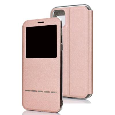 Voor iPhone 11 matte textuur horizontale Flip beugel mobiele telefoon holster venster met beller-ID en metalen knop dia te ontgrendelen (Rose goud) Voor iPhone 11 matte textuur horizontale Flip beugel mobiele telefoon holster venster met beller-ID en metalen knop dia te ontgrendelen (Rose goud)