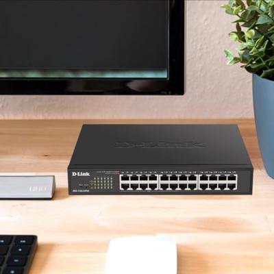 D-Link DGS-1100 Series 24-Port Gigabit PoE Smart Managed Switch met 12 PoE Ports, 100W PoE power budget, 802.3af/at, VLAN support, layer 2 features, QoS, 802.3az EEE, Fanless
