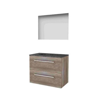 Basic-Line Ultimate 46 Badkamermeubelset - 80 x 46 cm - Met Grepen - 2 Lades - Hardstenen Wastafel - 1 Kraangat - Spiegel met Indirecte LED Verlichting - Scotch Oak