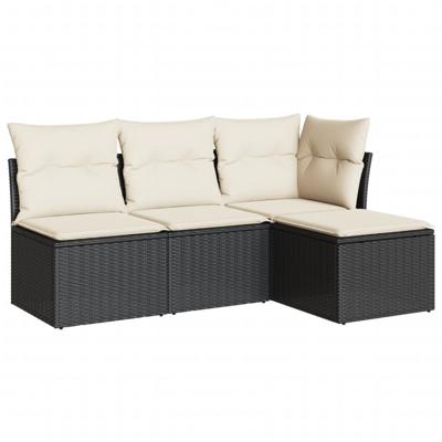 4-delige Loungeset met kussens poly rattan zwart