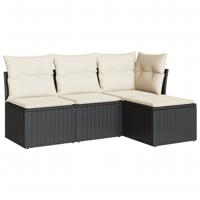 4-delige Loungeset met kussens poly rattan zwart - thumbnail