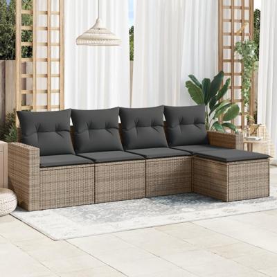 5-delige Loungeset met kussens poly rattan grijs - thumbnail