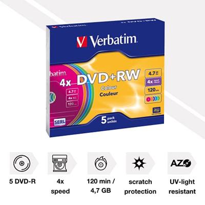 Verbatim 43297 DVD+RW disc 4.7 GB 5 stuk(s) Slimcase Gekleurd Verbatim 43297 DVD+RW disc 4.7 GB 5 stuk(s) Slimcase Gekleurd