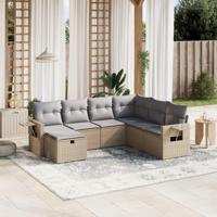 7-delige Loungeset met kussens poly rattan gemengd beige - thumbnail