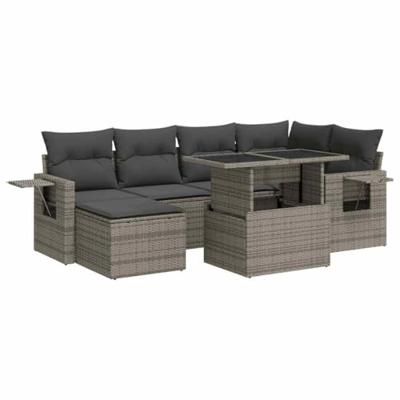 7-delige Loungeset met kussens poly rattan grijs