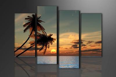 Schilderij - palmbomen in het paradijs, Oranje, 130X80cm, 4luik