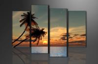 Schilderij - palmbomen in het paradijs, Oranje, 130X80cm, 4luik - thumbnail