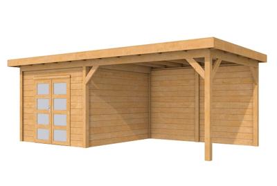Woodvision Roek Topvision tuinhuis 303x303 cm + overkapping 400 cm Douglas blank- Plat dak- Onbehandeld lariks Douglas hout- Woodvision