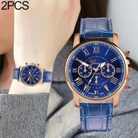 2 stuks drie-oog zes-naald imitatie riem quartz horloge voor vrouwen/mannen (blauw) - thumbnail