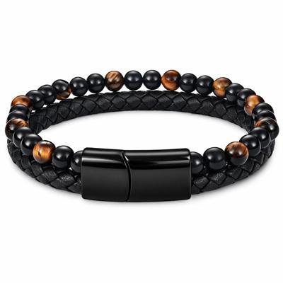 Memphis Heren armband zwart leer Tijgeroog kralen Edelstaal magneet sluiting - 18.5cm