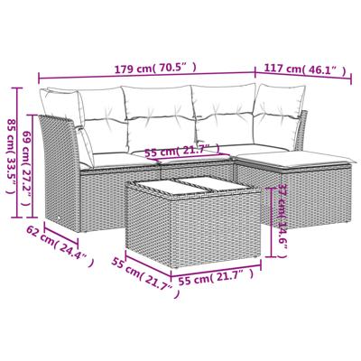 4-delige Loungeset met kussens poly rattan bruin