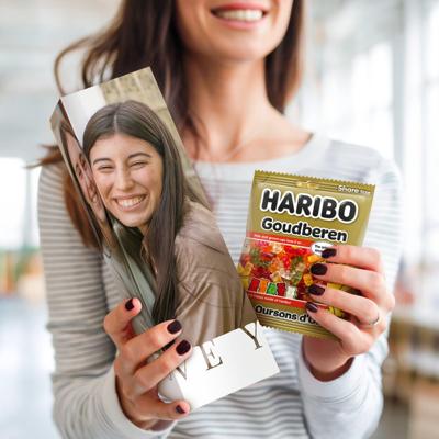 Gepersonaliseerd cadeaupakket met Haribo snoep (510 gram) Gepersonaliseerd cadeaupakket met Haribo snoep (510 gram)
