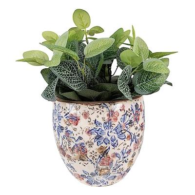Clayre & Eef Bloempot Ø 18x17 cm Blauw Beige Keramiek Rond Bloemen