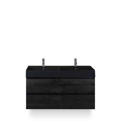 Maxx XL Badmeubelset 120 cm - Black Oak - Wastafel Kube Dubbel Zwart 2 kraangaten