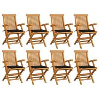 Tuinstoelen 8 st met zwarte kussens massief teakhout - thumbnail
