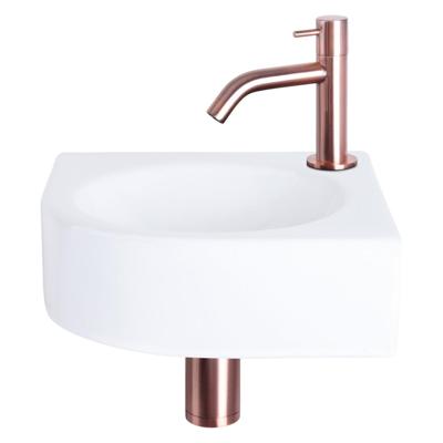 Differnz Cleo fonteinset - 30x30x10cm - Kwartrond - 1 kraangat - Gebogen rose koper kraan - Keramiek Wit 38.401.15