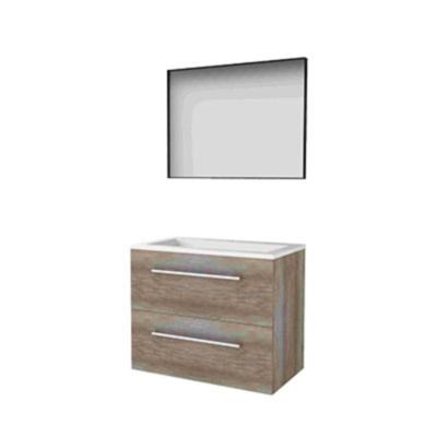 Basic-Line Framed 46 Badkamermeubelset - 80 x 46 cm - Met Grepen - 2 Lades - Acryl Wastafel - 1 Kraangat - Spiegel met Zwart Aluminium Frame - Scotch Oak