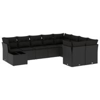 10-delige Loungeset met kussens poly rattan zwart - thumbnail