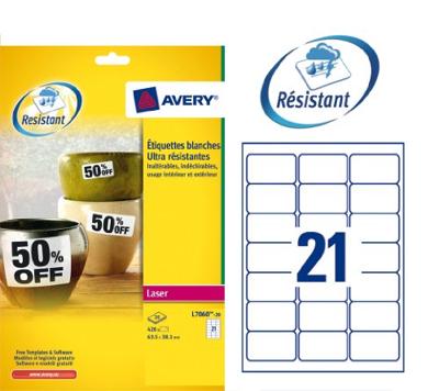 Etiket Avery L7060-20 63.5x38.1mm polyester wit 420 etiketten