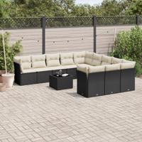 12-delige Loungeset met kussens poly rattan zwart - thumbnail