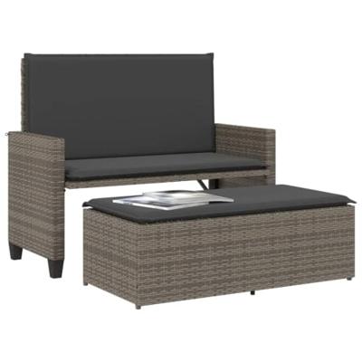 Tuinbank met kussens en voetenbank poly rattan grijs