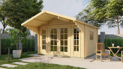 Blokhut Inglund 380x320 cm + luifel 150 cm - Grijs geïmpregneerd- Zadeldak- Geïmpregneerd vurenhout- Tuindeco