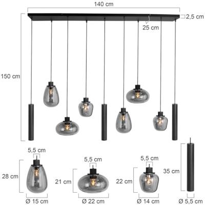 Steinhauer Eettafel hanglampReflexion zwart met rookglas - 3796ZW