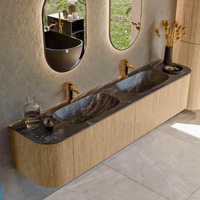 Mondiaz KURVE-DLUX 200 cm Onderkast Greeploos 2 Lades Met Deuren Oak, Wastafel Solid Surface Dubbel Lava 2 Kraangaten Zonder Spiegel (KRVSTS200L+R2L2D2KD-Oak/Lav)