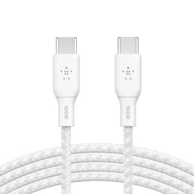 Belkin USB-C/USB-C-kabel, 100 W Power Delivery USB-IF-gecertificeerde 2.0-kabel met dubbel gevlochten nylon buitenkant voor iPhone 16, iPhone 15, iPad, MacBook, Samsung Galaxy, Pixel, 2 m, wit