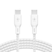 Belkin USB-C/USB-C-kabel, 100 W Power Delivery USB-IF-gecertificeerde 2.0-kabel met dubbel gevlochten nylon buitenkant voor iPhone 16, iPhone 15, iPad, MacBook, Samsung Galaxy, Pixel, 2 m, wit - thumbnail