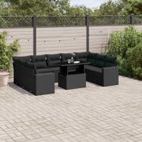 10-delige Loungeset met kussens poly rattan zwart - thumbnail