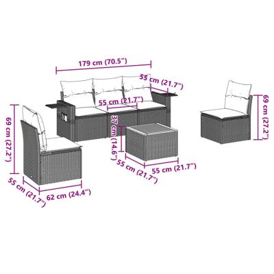 6-delige Loungeset met kussens poly rattan zwart