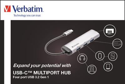 Verbatim 4 poorten USB 3.2 Gen 1-hub Met USB-C stekker, LED-weergave Grijs Verbatim 4 poorten USB 3.2 Gen 1-hub Met USB-C stekker, LED-weergave Grijs