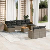 10-delige Loungeset met kussens poly rattan grijs - thumbnail