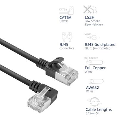 ACT Zwarte 0.5 meter U/FTP CAT6A LSZH Slimline patchkabel met RJ45 connectoren recht naar 90° haaks - thumbnail