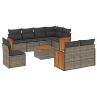 9-delige Loungeset met kussens poly rattan grijs - thumbnail