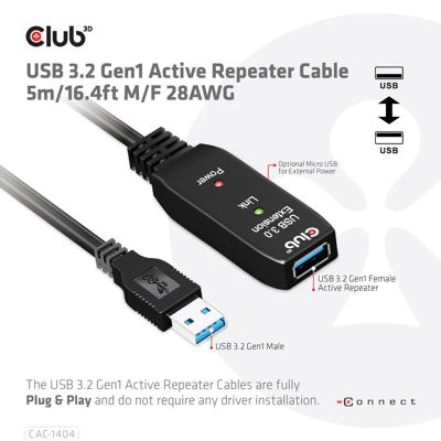 Club 3D usb 3.2 gen1 active repeater verlengkabel (zwart, 5 meter)