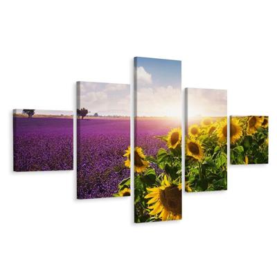 Schilderij - Lavendel en zonnebloem, 5luik, premium print