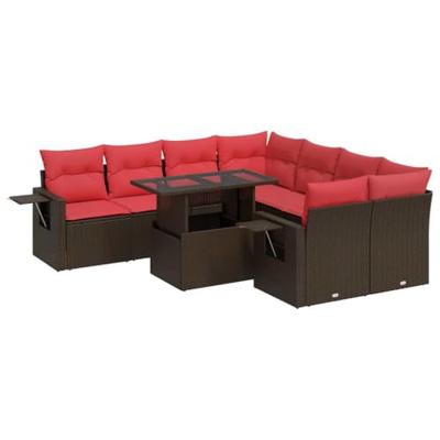 9-delige Loungeset met kussens poly rattan acacia grijs