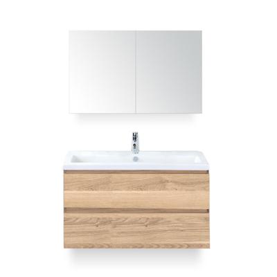 Vogue Badmeubelset 100 cm - Greeplijst in kleur - Grey Oak - Keramische Wastafel Wit 1 kraangat - met Spiegelkast